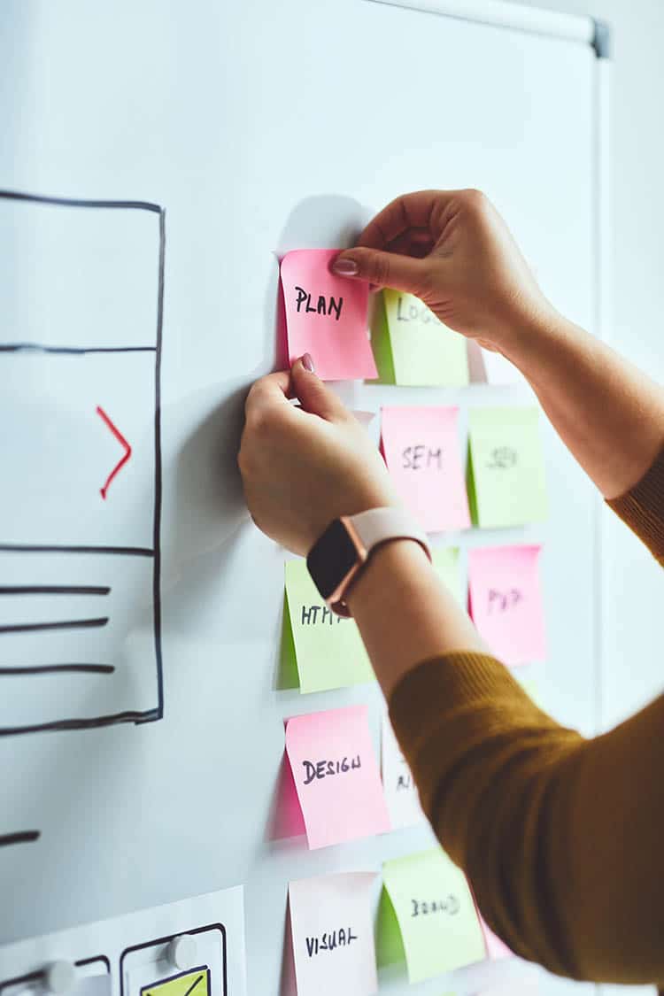 Female web designer planning website ux app development on white